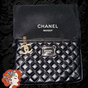 CHANEL Black Quilted Pouch with Gold Zipper & Gold Charm with black dust bag